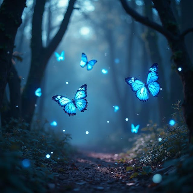 A dark, enchanting forest scene illuminated by soft light, featuring several luminous blue butterflies fluttering upward. The butterflies are surrounded by sparkling orbs and ethereal light particles, creating a magical, dreamlike atmosphere. Shadowy trees frame the background, enhancing the mystical ambiance.