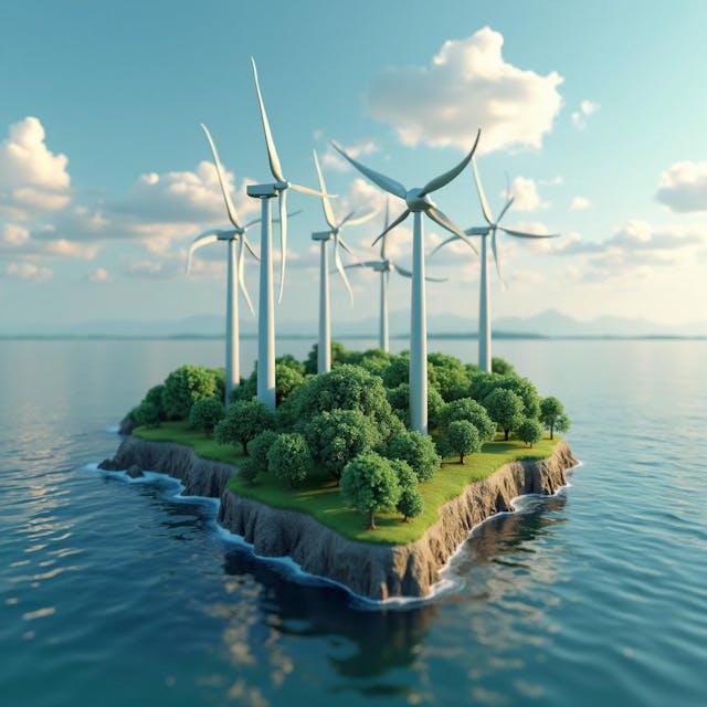 a close up of a small island with wind turbines on it, renewable energy, stylized as a 3d render, stylized 3d render, 3 d render stylized, stylized digital art, beautiful render of a landscape, clean energy, green energy, surreal 3 d render, beautiful composition 3 - d 4 k, 3d digital art 4k