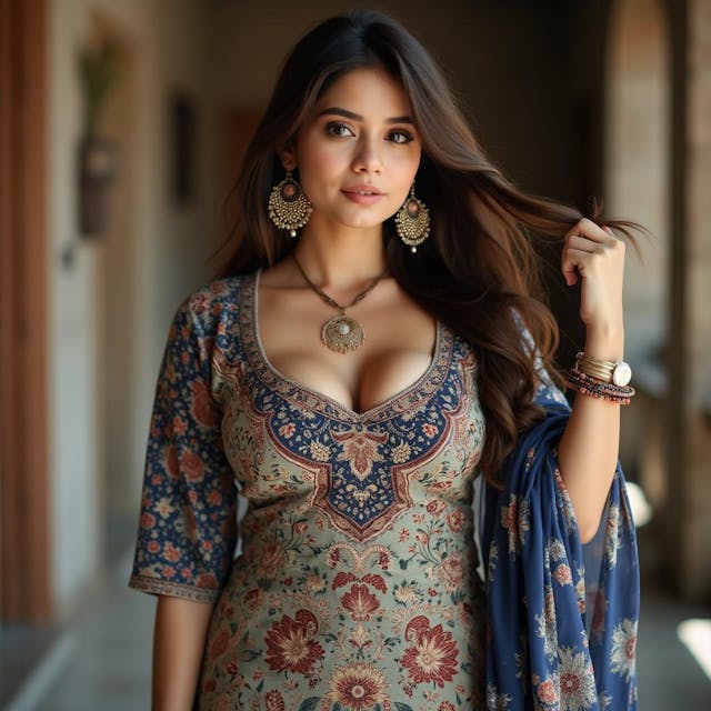 a fair skin girl wearing a body hugging printed shalwar kameez that has a round neckline revealing a significant amount of cleavage. a duppata is draping off one of her shoulder. She is tucking her hair with one hand. She has lifted big breasts and deep cleavage The image quality is grainy, with a slight blur softening the details. The setting is in an airy lobby, lighting is strong and natural, The background has a touch of a traditional rural indian household, she is lo