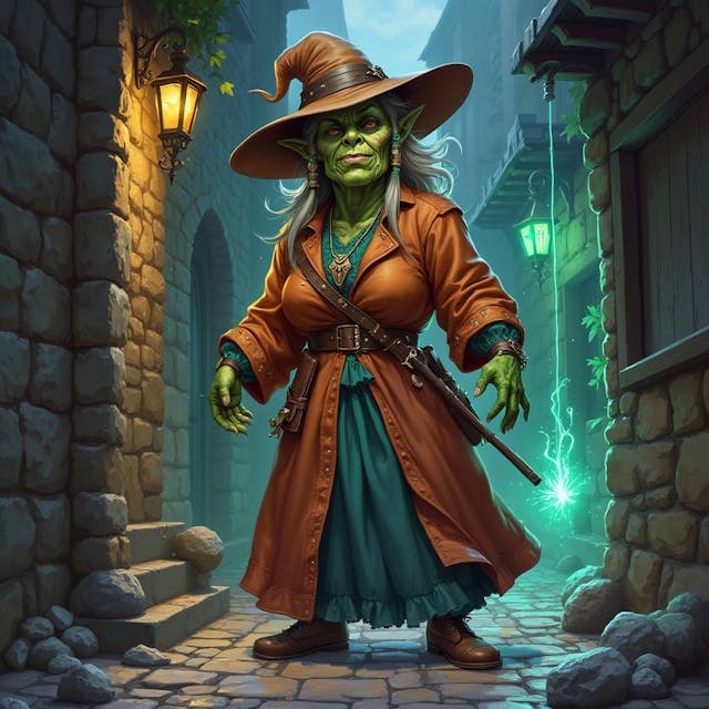 A  detailed Dungeons and Dragons fantasy full body illustration. A female orc, green skin, she is old. She looks approachable, friendly, she is tall and round, she has teeth coming out each side of her mouth. She wears a warm colorful long wizards dress and hat. She is a detective who is solving a magical murder with her powers. Standing in a dark scary cobblestone alley with a spilled potion on the ground and magic glowing runes scribed on the wall.