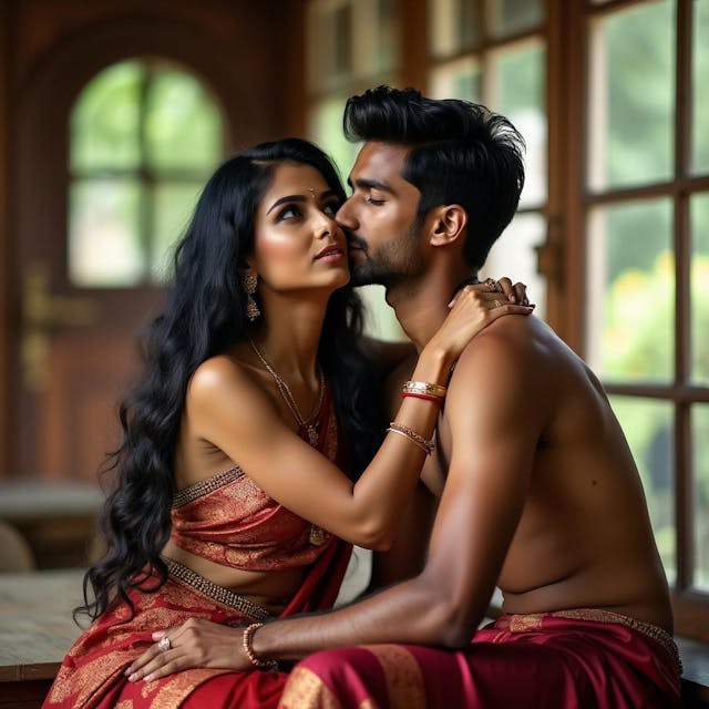 Beautiful Indian woman hugging a young man sitting on her lap. She looks up seriously as the young man kisses her neck.  She has black very long fantasy hair.  Both of them are sitting on a wooden table wearing traditional Indian attire.