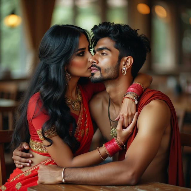 Beautiful Indian woman hugging a young man sitting on her lap. She looks up seriously as the young man kisses her neck.  She has black very long fantasy hair.  Both of them are sitting on a wooden table wearing traditional Indian attire.