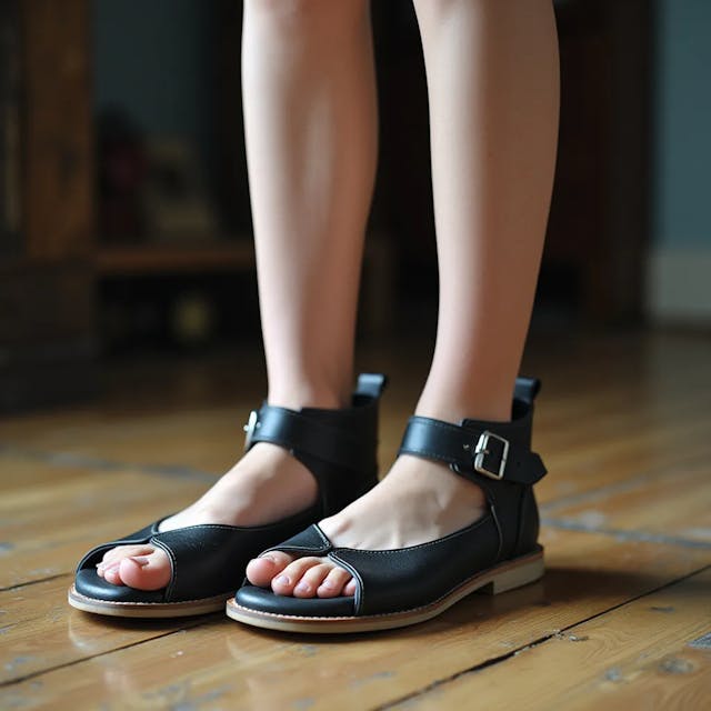 Scandinavian girl wearing  confinement shoes, oped toed, ankle cuffs implemented, feet visible inside shoes.