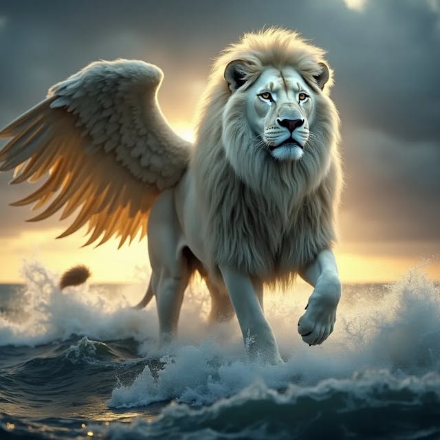 A majestic white-coated lion walks atop the turbulent waves of the sea, supported by a golden wing. The stormy sky contrasts with the rising sun behind him, illuminating his face with a sliver of light, all in stunning, ultra-realistic 8K.