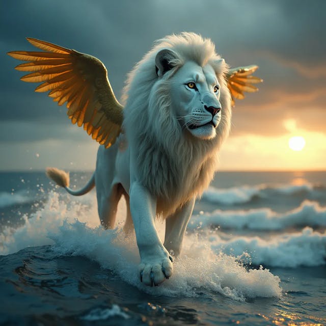 A majestic white-coated lion walks atop the turbulent waves of the sea, supported by a golden wing. The stormy sky contrasts with the rising sun behind him, illuminating his face with a sliver of light, all in stunning, ultra-realistic 8K.