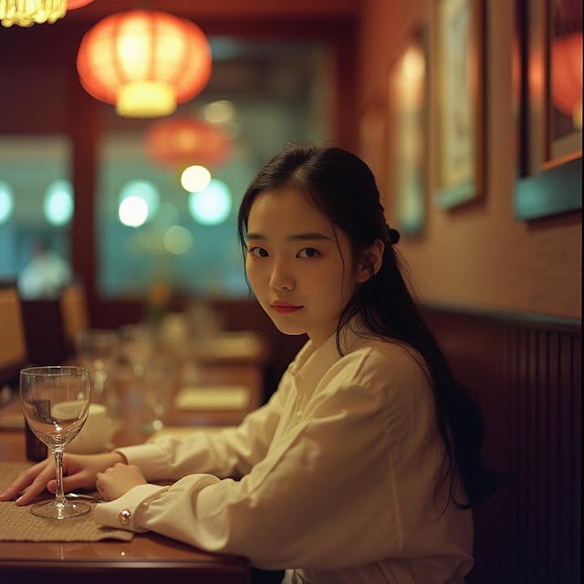 analog photo of a chinese 20yo woman sits at table in luxus restaurant