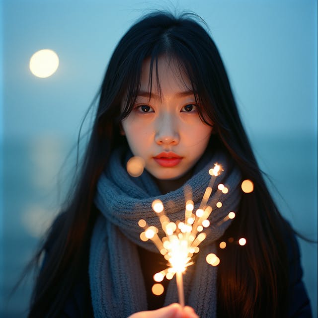 Portrait of a chinese girl, long straight hair, holding fireworks, blue winter scarf, by the sea, soft moonlight, minimalist aesthetic, natural light, soft, Kodak Portra 400, film photography