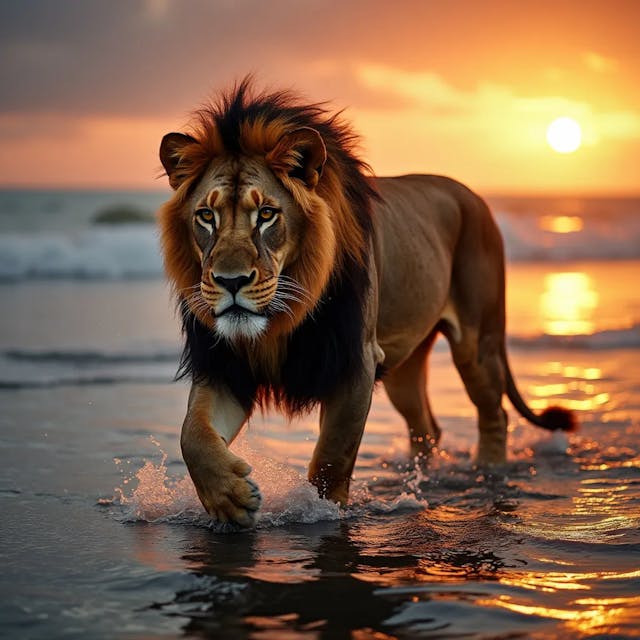 An ultra-realistic image of a lion walking on the surface of the ocean during sunset. The lion’s fur is wet and reflects the soft golden light of the setting sun. The water ripples beneath his paws as if he's walking on it, with small splashes visible. The scene is highly detailed, with the horizon in the distance, waves reflecting the orange and purple hues of the sky. Photographed with a Nikon D850, using a 24-70mm f/2.8 lens. The lighting is cinematic, capturing the majestic atmosphere.