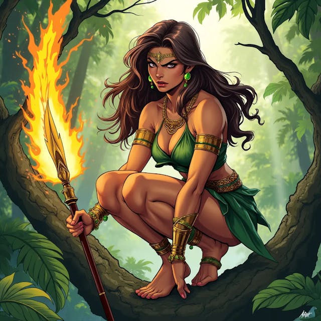 Comic art of a powerful and confident jungle warrior woman superhero with brown hair, a smooth and athletic body that is not overly muscular. She looks angry and frustrated, crouching barefoot on a sturdy tree branch, gripping a spear with a huge blade emitting golden fire powers. Her long, dark hair flows freely, and she wears a green, leaf-inspired outfit that accentuates her toned physique. Golden jewelry, including a necklace, arm bands, and emerald earrings, adorns her body, with a forehead ornament adding to her regal appearance. Her bare feet grip the branch firmly, emphasizing her agility and connection to nature. The lush jungle around her, with large leaves and sunlight filtering through the trees, creates an atmosphere of adventure and mystery as she prepares for the challenges ahead. A dynamic comic-style illustration of a fierce jungle warrior woman superhero, her smooth, athletic body poised in a crouch on a sturdy tree branch. She has brown hair and a powerful, yet not overly muscular physique. Her expression is one of anger and frustration as she grips a spear with a massive blade that crackles with golden fire energy. She wears a green, leaf-inspired outfit that clings to her body, highlighting her strength. Golden jewelry, including a necklace, arm bands, and emerald earrings, adds a touch of elegance, while a forehead ornament crowns her head. Her bare feet are firmly planted on the branch, showing her deep connection to the natural environment. The surrounding jungle is lush and vibrant, with sunlight streaming through the dense foliage, creating an adventurous and mysterious atmosphere. A comic book scene featuring a powerful and confident jungle warrior woman superhero with long brown hair, crouching barefoot on a sturdy tree branch. Her body is smooth and toned, not overly muscular, and she looks angry and frustrated. In one hand, she grips a spear with a huge blade that radiates golden fire powers. Her green, leaf-inspired outfit accentuates her athletic build, and she is adorned with golden jewelry, including a necklace, arm bands, emerald earrings, and a forehead ornament. Her bare feet clutch the branch, reflecting her agility and natural connection. The jungle around her is dense and lush, with large leaves and sunlight filtering through, adding to the scene’s sense of mystery and impending action. An intense comic art depiction of a beautiful and powerful jungle warrior woman superhero. She has brown hair and a smooth, athletic body that is strong but not overly muscular. She crouches barefoot on a sturdy tree branch, her face twisted in anger and frustration. In her hand, she wields a spear with a massive blade that emits fiery golden energy. Her long dark hair flows wildly, and she wears a green, leaf-themed outfit that highlights her toned physique. Golden jewelry, including a necklace, arm bands, and emerald earrings, complements her look, with a delicate forehead ornament adding a regal touch. Her bare feet grip the branch firmly, emphasizing her connection to the natural world. The jungle around her is lush and vibrant, with sunlight filtering through the trees, creating a setting full of adventure and mystery. A comic-style illustration of a confident and powerful jungle warrior woman superhero with long brown hair, crouching barefoot on a sturdy tree branch. Her body is smooth and athletic, with an air of strength and agility, but not overly muscular. She looks angry and frustrated, gripping a spear with a huge blade that crackles with golden fire energy. She wears a green, leaf-inspired outfit that accentuates her physique, and her body is adorned with golden jewelry, including a necklace, arm bands, emerald earrings, and a forehead ornament. Her bare feet cling to the branch, symbolizing her deep connection with the jungle. The surrounding environment is lush and dense, with large leaves and sunlight piercing through, creating a mysterious and adventurous atmosphere as she prepares for the challenges ahead.