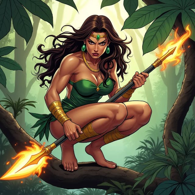 Comic art of a powerful and confident jungle warrior woman superhero with brown hair, a smooth and athletic body that is not overly muscular. She looks angry and frustrated, crouching barefoot on a sturdy tree branch, gripping a spear with a huge blade emitting golden fire powers. Her long, dark hair flows freely, and she wears a green, leaf-inspired outfit that accentuates her toned physique. Golden jewelry, including a necklace, arm bands, and emerald earrings, adorns her body, with a forehead ornament adding to her regal appearance. Her bare feet grip the branch firmly, emphasizing her agility and connection to nature. The lush jungle around her, with large leaves and sunlight filtering through the trees, creates an atmosphere of adventure and mystery as she prepares for the challenges ahead. A dynamic comic-style illustration of a fierce jungle warrior woman superhero, her smooth, athletic body poised in a crouch on a sturdy tree branch. She has brown hair and a powerful, yet not overly muscular physique. Her expression is one of anger and frustration as she grips a spear with a massive blade that crackles with golden fire energy. She wears a green, leaf-inspired outfit that clings to her body, highlighting her strength. Golden jewelry, including a necklace, arm bands, and emerald earrings, adds a touch of elegance, while a forehead ornament crowns her head. Her bare feet are firmly planted on the branch, showing her deep connection to the natural environment. The surrounding jungle is lush and vibrant, with sunlight streaming through the dense foliage, creating an adventurous and mysterious atmosphere. A comic book scene featuring a powerful and confident jungle warrior woman superhero with long brown hair, crouching barefoot on a sturdy tree branch. Her body is smooth and toned, not overly muscular, and she looks angry and frustrated. In one hand, she grips a spear with a huge blade that radiates golden fire powers. Her green, leaf-inspired outfit accentuates her athletic build, and she is adorned with golden jewelry, including a necklace, arm bands, emerald earrings, and a forehead ornament. Her bare feet clutch the branch, reflecting her agility and natural connection. The jungle around her is dense and lush, with large leaves and sunlight filtering through, adding to the scene’s sense of mystery and impending action. An intense comic art depiction of a beautiful and powerful jungle warrior woman superhero. She has brown hair and a smooth, athletic body that is strong but not overly muscular. She crouches barefoot on a sturdy tree branch, her face twisted in anger and frustration. In her hand, she wields a spear with a massive blade that emits fiery golden energy. Her long dark hair flows wildly, and she wears a green, leaf-themed outfit that highlights her toned physique. Golden jewelry, including a necklace, arm bands, and emerald earrings, complements her look, with a delicate forehead ornament adding a regal touch. Her bare feet grip the branch firmly, emphasizing her connection to the natural world. The jungle around her is lush and vibrant, with sunlight filtering through the trees, creating a setting full of adventure and mystery. A comic-style illustration of a confident and powerful jungle warrior woman superhero with long brown hair, crouching barefoot on a sturdy tree branch. Her body is smooth and athletic, with an air of strength and agility, but not overly muscular. She looks angry and frustrated, gripping a spear with a huge blade that crackles with golden fire energy. She wears a green, leaf-inspired outfit that accentuates her physique, and her body is adorned with golden jewelry, including a necklace, arm bands, emerald earrings, and a forehead ornament. Her bare feet cling to the branch, symbolizing her deep connection with the jungle. The surrounding environment is lush and dense, with large leaves and sunlight piercing through, creating a mysterious and adventurous atmosphere as she prepares for the challenges ahead.