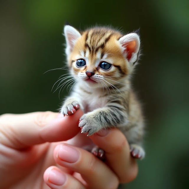 A tiny fluffy kitten, 
The world's smallest baby, cub sits on the tip of a woman's finger