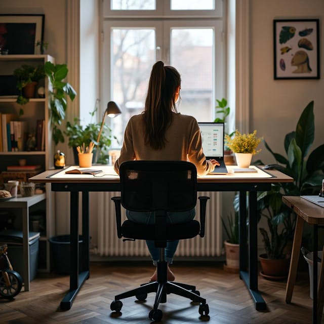 Back view in the room of a graphic designer. The central place is a light table near the window. A creative woman, a web interface designer, is sitting behind it and working on a laptop. Professional realistic photo. The atmosphere of creativity and joy