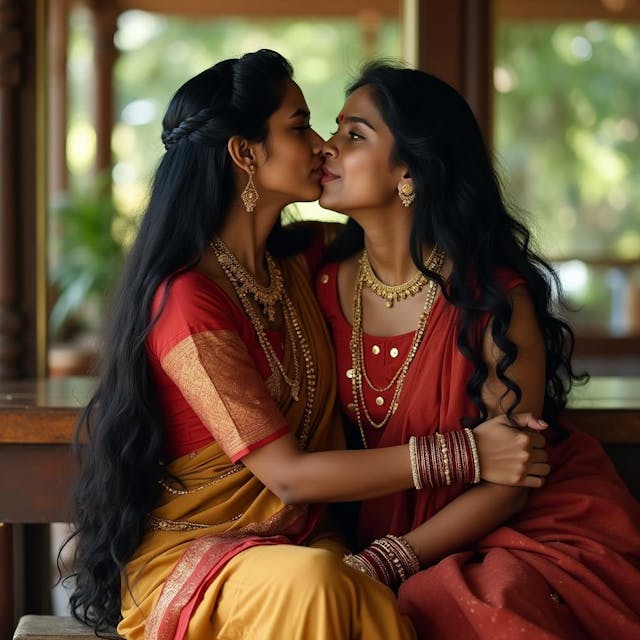 Beautiful Indian woman hugging a young man sitting on her lap. She looks up seriously as the young man kisses her neck.  She has black very long fantasy hair.  Both of them are sitting on a wooden table wearing traditional Indian attire.