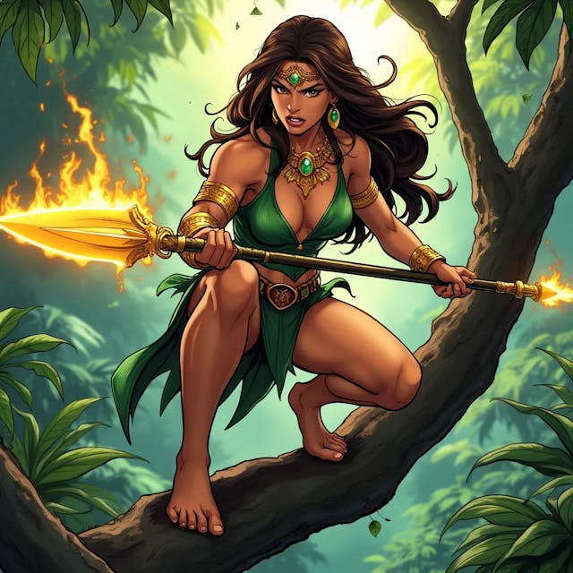 Comic art of a powerful and confident jungle warrior woman superhero with brown hair, a smooth and athletic body that is not overly muscular. She looks angry and frustrated, crouching barefoot on a sturdy tree branch, gripping a spear with a huge blade emitting golden fire powers. Her long, dark hair flows freely, and she wears a green, leaf-inspired outfit that accentuates her toned physique. Golden jewelry, including a necklace, arm bands, and emerald earrings, adorns her body, with a forehead ornament adding to her regal appearance. Her bare feet grip the branch firmly, emphasizing her agility and connection to nature. The lush jungle around her, with large leaves and sunlight filtering through the trees, creates an atmosphere of adventure and mystery as she prepares for the challenges ahead. A dynamic comic-style illustration of a fierce jungle warrior woman superhero, her smooth, athletic body poised in a crouch on a sturdy tree branch. She has brown hair and a powerful, yet not overly muscular physique. Her expression is one of anger and frustration as she grips a spear with a massive blade that crackles with golden fire energy. She wears a green, leaf-inspired outfit that clings to her body, highlighting her strength. Golden jewelry, including a necklace, arm bands, and emerald earrings, adds a touch of elegance, while a forehead ornament crowns her head. Her bare feet are firmly planted on the branch, showing her deep connection to the natural environment. The surrounding jungle is lush and vibrant, with sunlight streaming through the dense foliage, creating an adventurous and mysterious atmosphere. A comic book scene featuring a powerful and confident jungle warrior woman superhero with long brown hair, crouching barefoot on a sturdy tree branch. Her body is smooth and toned, not overly muscular, and she looks angry and frustrated. In one hand, she grips a spear with a huge blade that radiates golden fire powers. Her green, leaf-inspired outfit accentuates her athletic build, and she is adorned with golden jewelry, including a necklace, arm bands, emerald earrings, and a forehead ornament. Her bare feet clutch the branch, reflecting her agility and natural connection. The jungle around her is dense and lush, with large leaves and sunlight filtering through, adding to the scene’s sense of mystery and impending action. An intense comic art depiction of a beautiful and powerful jungle warrior woman superhero. She has brown hair and a smooth, athletic body that is strong but not overly muscular. She crouches barefoot on a sturdy tree branch, her face twisted in anger and frustration. In her hand, she wields a spear with a massive blade that emits fiery golden energy. Her long dark hair flows wildly, and she wears a green, leaf-themed outfit that highlights her toned physique. Golden jewelry, including a necklace, arm bands, and emerald earrings, complements her look, with a delicate forehead ornament adding a regal touch. Her bare feet grip the branch firmly, emphasizing her connection to the natural world. The jungle around her is lush and vibrant, with sunlight filtering through the trees, creating a setting full of adventure and mystery. A comic-style illustration of a confident and powerful jungle warrior woman superhero with long brown hair, crouching barefoot on a sturdy tree branch. Her body is smooth and athletic, with an air of strength and agility, but not overly muscular. She looks angry and frustrated, gripping a spear with a huge blade that crackles with golden fire energy. She wears a green, leaf-inspired outfit that accentuates her physique, and her body is adorned with golden jewelry, including a necklace, arm bands, emerald earrings, and a forehead ornament. Her bare feet cling to the branch, symbolizing her deep connection with the jungle. The surrounding environment is lush and dense, with large leaves and sunlight piercing through, creating a mysterious and adventurous atmosphere as she prepares for the challenges ahead.