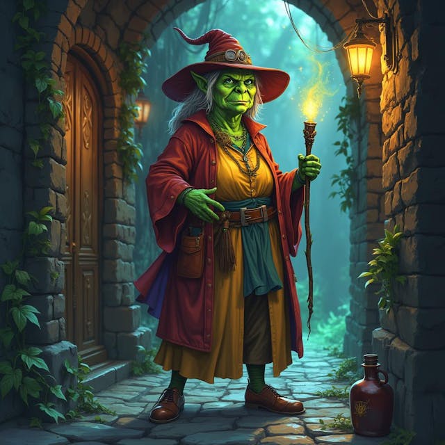 A  detailed Dungeons and Dragons fantasy full body illustration. A female orc, green skin, she is old. She looks approachable, friendly, she is tall and round, she has teeth coming out each side of her mouth. She wears a warm colorful long wizards dress and hat. She is a detective who is solving a magical murder with her powers. Standing in a dark scary cobblestone alley with a spilled potion on the ground and magic glowing runes scribed on the wall. She is not short!