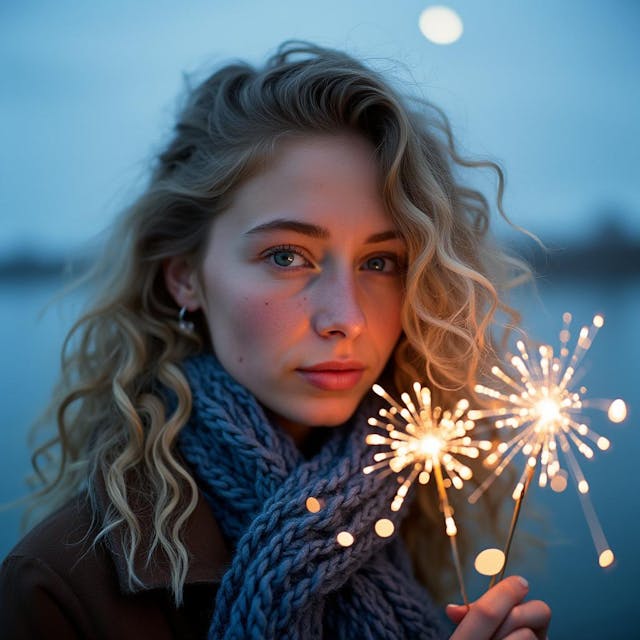 Highly detailed professional close-up photograph of a beautiful young woman,, fair skinned, with long curly blond hair, holding fireworks, blue winter scarf, by the sea, soft moonlight, minimalist aesthetic, natural light, soft, Kodak Portra 400, film photography