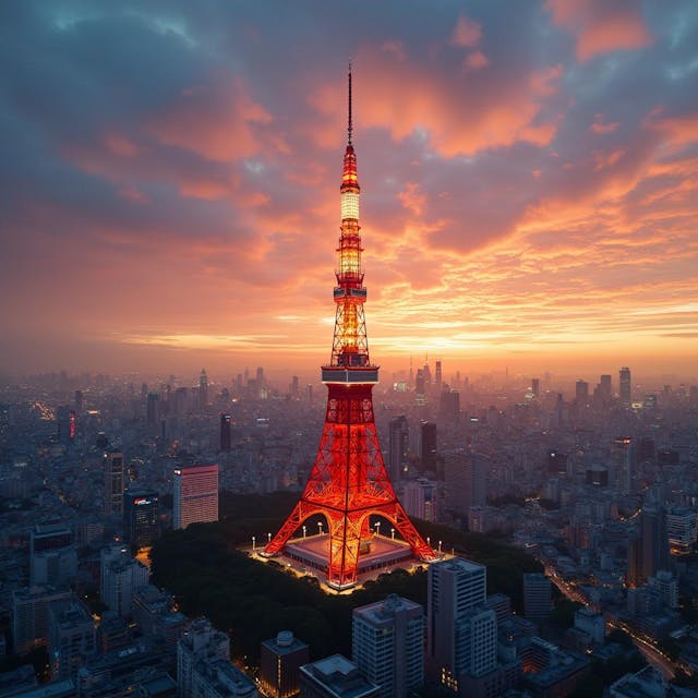 Create a stunning, detailed image of Wallpaper featuring the iconic Tokyo Tower.

- Style: Modern architectural artistry with a hint of traditional Japanese influence, photorealistic
- Setting: Urban Tokyo backdrop at sunset
- Lighting: Golden hour with dramatic highlights and shadows accentuating the tower's structure
- Mood: Awe-inspiring, majestic
- Color scheme: Warm sunset tones with contrasting reds and whites of the tower, deep blues of the twilight sky
- Composition: Central focus on Tokyo Tower, surrounded by a panorama of the Tokyo skyline, with a balance of nearby structures and distant cityscapes

High-quality 8K render, ultra-sharp focus, rich textures. No text or watermarks.