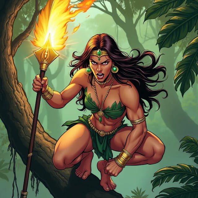 Comic art of a powerful and confident jungle warrior woman superhero with brown hair, a smooth and athletic body that is not overly muscular. She looks angry and frustrated, crouching barefoot on a sturdy tree branch, gripping a spear with a huge blade emitting golden fire powers. Her long, dark hair flows freely, and she wears a green, leaf-inspired outfit that accentuates her toned physique. Golden jewelry, including a necklace, arm bands, and emerald earrings, adorns her body, with a forehead ornament adding to her regal appearance. Her bare feet grip the branch firmly, emphasizing her agility and connection to nature. The lush jungle around her, with large leaves and sunlight filtering through the trees, creates an atmosphere of adventure and mystery as she prepares for the challenges ahead. A dynamic comic-style illustration of a fierce jungle warrior woman superhero, her smooth, athletic body poised in a crouch on a sturdy tree branch. She has brown hair and a powerful, yet not overly muscular physique. Her expression is one of anger and frustration as she grips a spear with a massive blade that crackles with golden fire energy. She wears a green, leaf-inspired outfit that clings to her body, highlighting her strength. Golden jewelry, including a necklace, arm bands, and emerald earrings, adds a touch of elegance, while a forehead ornament crowns her head. Her bare feet are firmly planted on the branch, showing her deep connection to the natural environment. The surrounding jungle is lush and vibrant, with sunlight streaming through the dense foliage, creating an adventurous and mysterious atmosphere. A comic book scene featuring a powerful and confident jungle warrior woman superhero with long brown hair, crouching barefoot on a sturdy tree branch. Her body is smooth and toned, not overly muscular, and she looks angry and frustrated. In one hand, she grips a spear with a huge blade that radiates golden fire powers. Her green, leaf-inspired outfit accentuates her athletic build, and she is adorned with golden jewelry, including a necklace, arm bands, emerald earrings, and a forehead ornament. Her bare feet clutch the branch, reflecting her agility and natural connection. The jungle around her is dense and lush, with large leaves and sunlight filtering through, adding to the scene’s sense of mystery and impending action. An intense comic art depiction of a beautiful and powerful jungle warrior woman superhero. She has brown hair and a smooth, athletic body that is strong but not overly muscular. She crouches barefoot on a sturdy tree branch, her face twisted in anger and frustration. In her hand, she wields a spear with a massive blade that emits fiery golden energy. Her long dark hair flows wildly, and she wears a green, leaf-themed outfit that highlights her toned physique. Golden jewelry, including a necklace, arm bands, and emerald earrings, complements her look, with a delicate forehead ornament adding a regal touch. Her bare feet grip the branch firmly, emphasizing her connection to the natural world. The jungle around her is lush and vibrant, with sunlight filtering through the trees, creating a setting full of adventure and mystery. A comic-style illustration of a confident and powerful jungle warrior woman superhero with long brown hair, crouching barefoot on a sturdy tree branch. Her body is smooth and athletic, with an air of strength and agility, but not overly muscular. She looks angry and frustrated, gripping a spear with a huge blade that crackles with golden fire energy. She wears a green, leaf-inspired outfit that accentuates her physique, and her body is adorned with golden jewelry, including a necklace, arm bands, emerald earrings, and a forehead ornament. Her bare feet cling to the branch, symbolizing her deep connection with the jungle. The surrounding environment is lush and dense, with large leaves and sunlight piercing through, creating a mysterious and adventurous atmosphere as she prepares for the challenges ahead.