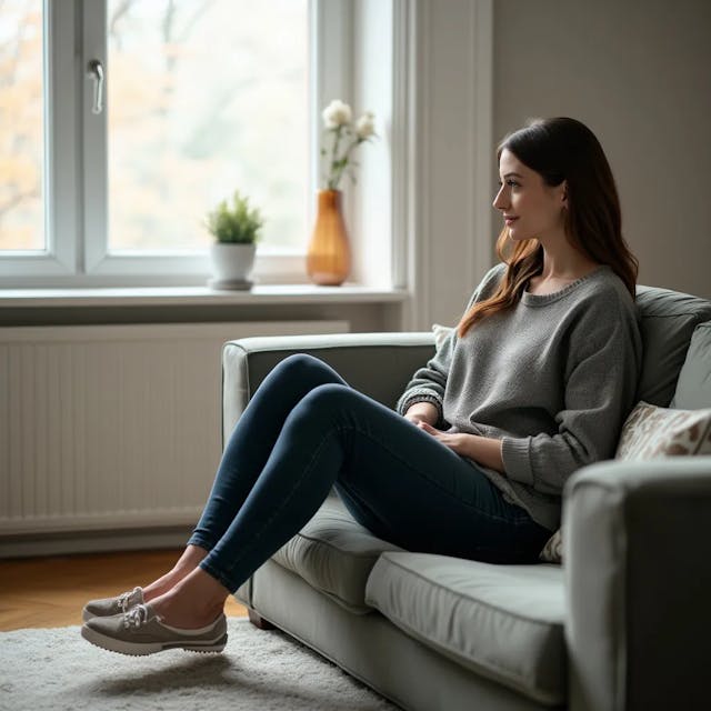 A thick-legged woman is sitting on the couch with her legs crossed.