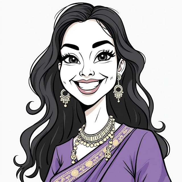 Create a black-and-white cartoon caricature line art of a smiling woman with long, dark hair. Emphasize her joyful expression by exaggerating her wide smile and the shape of her eyes. Include details like her traditional clothing with the distinctive purple and gold patterns, as well as the small nose ring. Simplify the overall design for a more stylized, cartoonish effect while maintaining the recognizable features of the subject. The background should be minimal or plain to keep the focus on the caricature