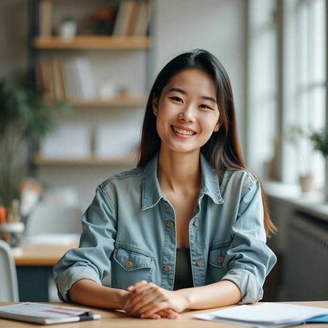 a portrait of a young Chinese woman, early 30s, casual clothes, smiling, leaning on a desk