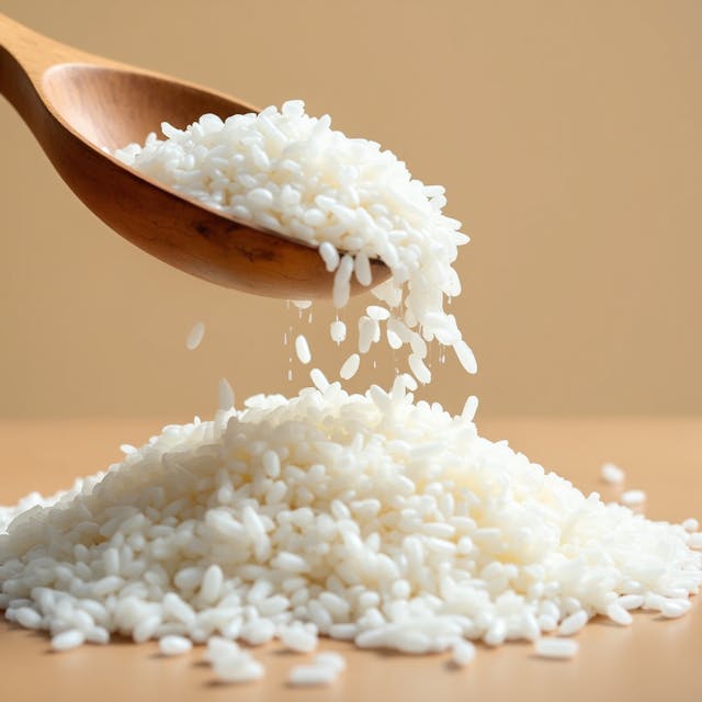 White rice is poured from the wooden spoon, white rice grains on a beige background, minimalistic, food photography in the style of a studio light, pastel colors, high resolution, high quality, professional photograph, highly detailed and sharp, natural lighting, professional color grading with white tones, clean sharp focus.