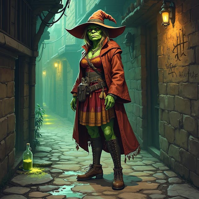 A  detailed Dungeons and Dragons fantasy full body illustration. A female orc, green skin, she is old. She looks focused but approachable, friendly, she is tall and round, she has teeth coming out each side of her mouth. She wears a warm colorful wizards dress and hat. She is a detective who is solving a magical murder with her powers. Standing in a dark scary cobblestone alley with a spilled potion on the ground and magic glowing runes scribed on the wall.