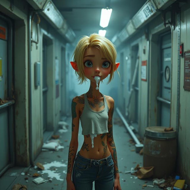 Sensitive pixar style picture of teen blonde tatooed girl. She is standing in futuristic corridor. She is smiling and little bit shy. Small amount of soapy white fluid is flowing from her mouthe. the mood is dark and image is grainy. there is a lot of  trash around