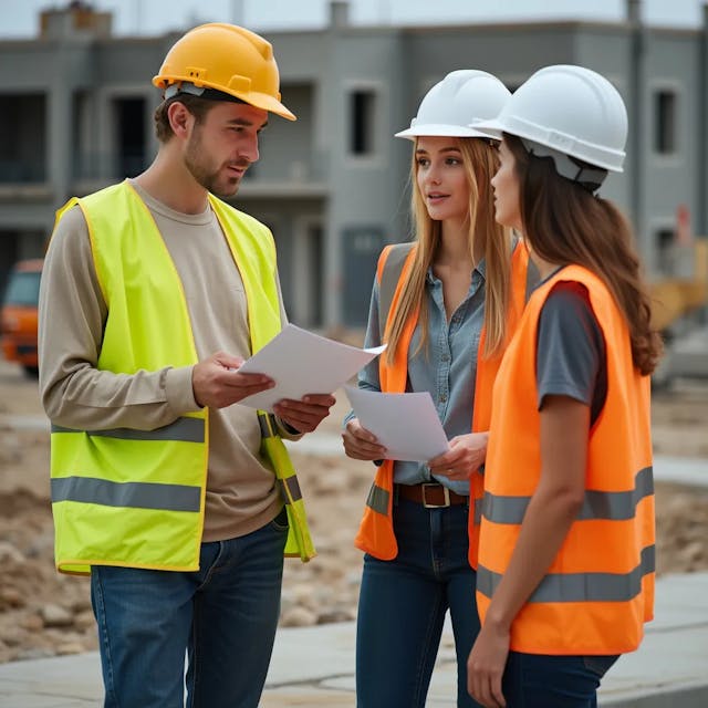 The young female civil engineer is having a meeting with the workers at the construction site.