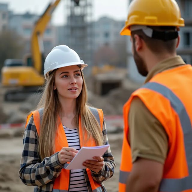 The young female civil engineer is having a meeting with the workers at the construction site.