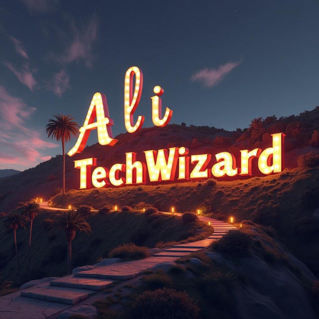 sign reads "Ali TechWizard" on the side of a hill in the hollywood font