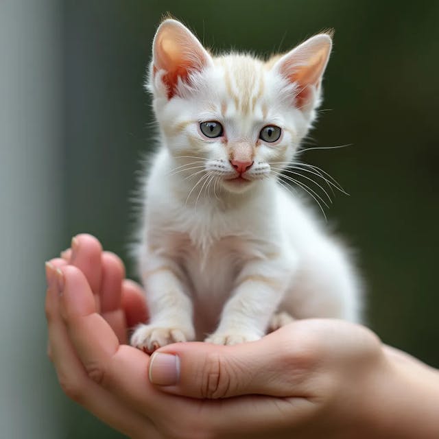 The world's smallest white tabby cat, the white kitten sitting on someone's finger is undeniably cute and adorable. The photo is very realistic and accurately captures the delicate features of the miniature cow.