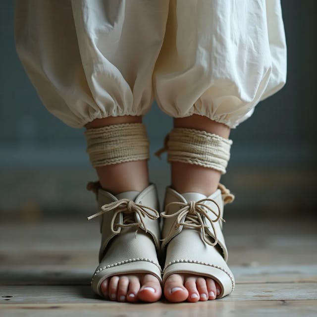 Scandinavian girl wearing  confinement shoes, oped toed, ankle cuffs implemented, feet visible inside shoes.