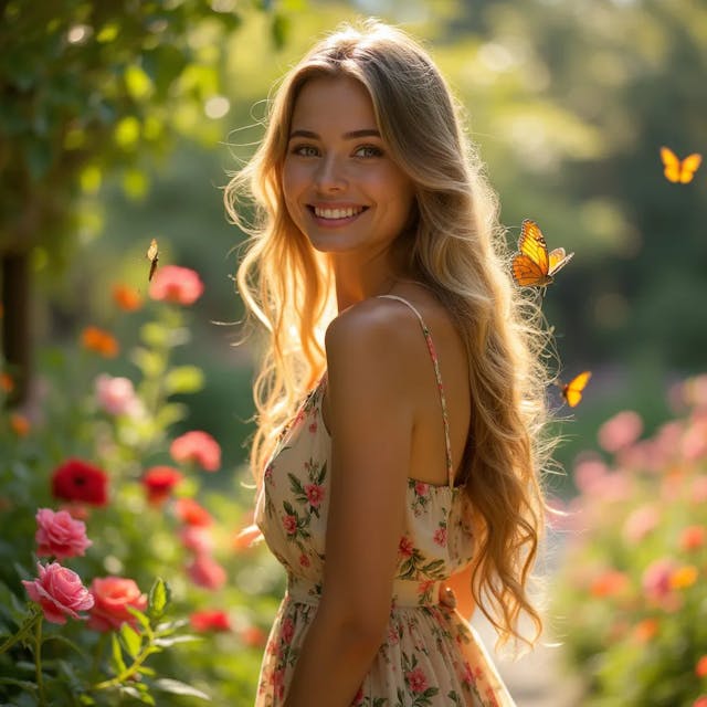 A stunning young woman stands gracefully in a sunlit garden, surrounded by vibrant flowers in full bloom. Her long, flowing hair cascades down her back, glistening like gold in the sunlight. She wears a flowing, elegant dress adorned with floral patterns, and her radiant smile lights up her face. The background is a gentle blur of greenery, emphasizing her beauty and bringing a feeling of serenity to the scene. Soft, warm sunlight filters through the leaves, casting a magical glow on her, while butterflies dance around her, adding to the enchanting atmosphere of this peaceful setting.