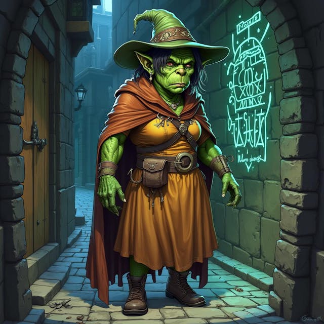 A  detailed DND fantasy full body illustration. A female orc, green skin, she is old. She looks concentrated, she is tall and round, tusks on each side of her mouth. She wears a warm colorful wizards dress and hat. She is a detective who is solving a magical murder with her powers. Standing in a dark scary cobblestone alley with a spilled potion on the ground and magic glowing runes scribed on the wall.