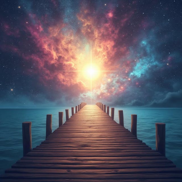 vector art of a perspective looking strait down a wooden dock in space. In the center of the image, the dock ends in a being of pure light. Around the being and the dock is a nebula in the color color scheme of "rose pine". The whole image uses the rose pine color scheme.