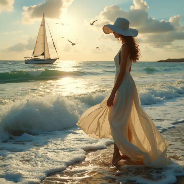Elegant woman stands the sea , masterpiece, best quality, sea, yacht on the horizon, young woman, solo, standing in the surf, wearing a long white dress with a skirt fluttering in the wind, elegant sunhat, foamy surf, summer, sunrise, sun path on the water, soft light, seagulls circling, wave rolling in,  ultra realistic.