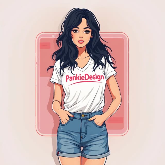 Create a minimalistic, vector-style logo featuring a stylized illustration of a woman with long, wavy black hair. She wears a white short-sleeved V-neck t-shirt emblazoned with bold pink letters 'PankieDesign' and denim shorts. The design shows her in a simplified, iconic form, positioned in front of an oversized smartphone screen that symbolizes digital creativity. The overall composition is clean and modern, with flat design elements and clear, bold lines, making it ideal for a fan page cover logo. The background should be simple or transparent to ensure the logo stands out, anime realistic, Bright and cute colors