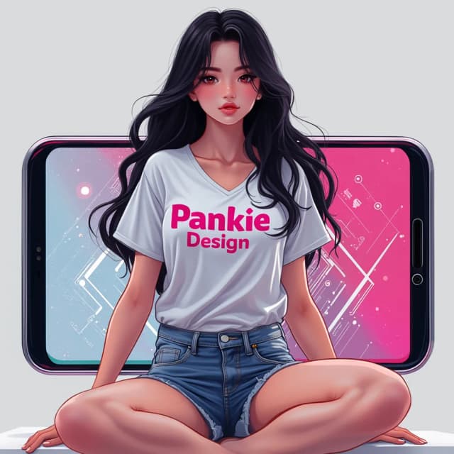 Different view of a woman with long, wavy black hair, wearing a white short-sleeved v-neck t-shirt featuring bold pink letters 'PankieDesign' and denim shorts. She sits confidently in front of an oversized smartphone screen that dominates the composition. The screen displays dynamic digital design elements, hinting at her role as a creative digital online media designer. The background is minimalistic with a vibrant gradient or subtle digital motifs (such as circuit patterns or abstract brush strokes) that emphasize a modern, tech-inspired aesthetic. The overall style is contemporary and clean, with bold typography and vivid accents that reflect creativity and energy. The focus is solely on her upper body, hands, and the smartphone, ensuring a crisp and engaging composition perfect for a fan page cover."
This prompt emphasizes a modern, dynamic look with clear visual cues to her creative profession while keeping the design simple enough to allow for easy background removal if needed. Anime realistic.