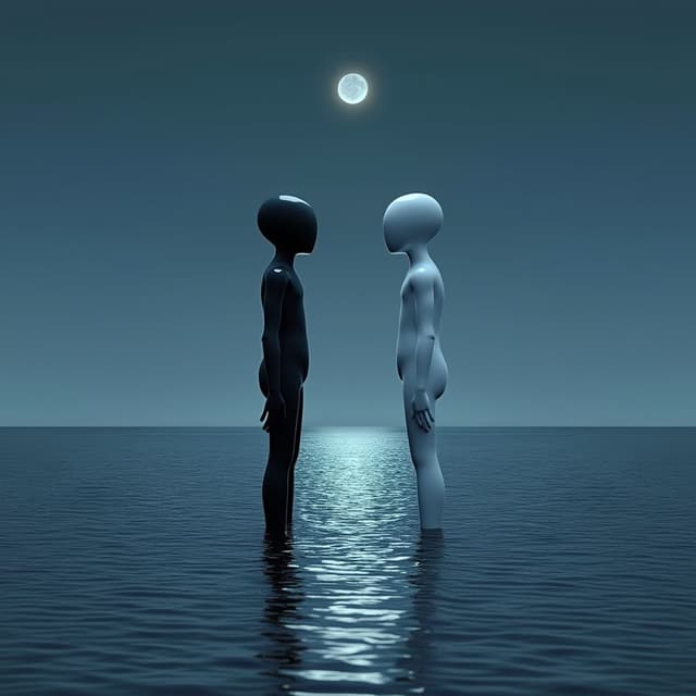 Create a surreal, minimalist scene featuring two humanoid figures—one black and one white—facing each other against a serene, vast ocean under a twilight blue sky. A faint, glowing moon hovers above, adding a sense of mystique and introspection. The composition should convey themes of duality, contrast, and unity.”