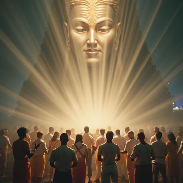A close-up of Ayyappan’s face with his open eyes radiating divine light, directly gazing at the devotees. The light spreads and touches a group of men and women below, who are kneeling and praying with folded hands, feeling a sense of peace and blessings.