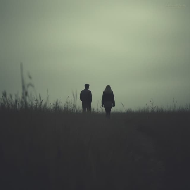 Create an atmospheric scene of a silhouette of a two people walking away from each other through a tall grassy field under a moody, overcast sky. The image should evoke a sense of solitude, with muted tones and soft lighting to enhance the melancholic and contemplative mood.