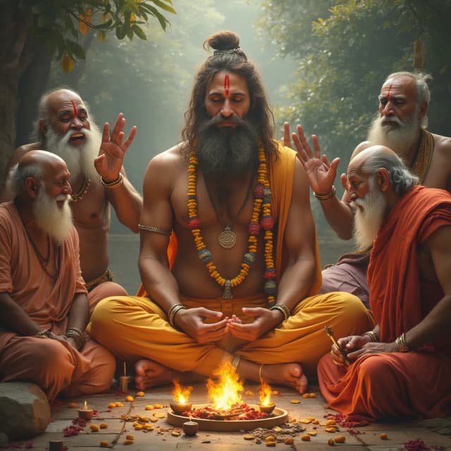(Visual: Lord Hanuman interrupts the meditations of great Rishis, playfully tugging at their beards and disturbing their Yagnas.)