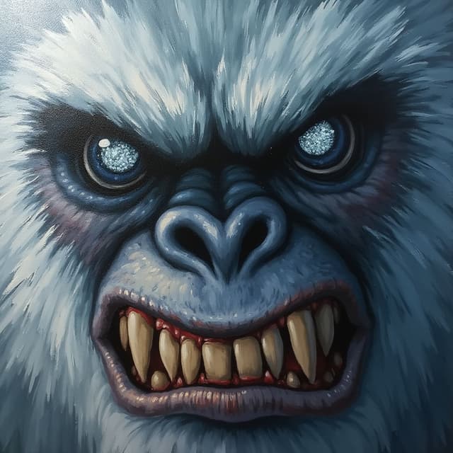 Close up painting of a scary yeti face with silver eyes.
