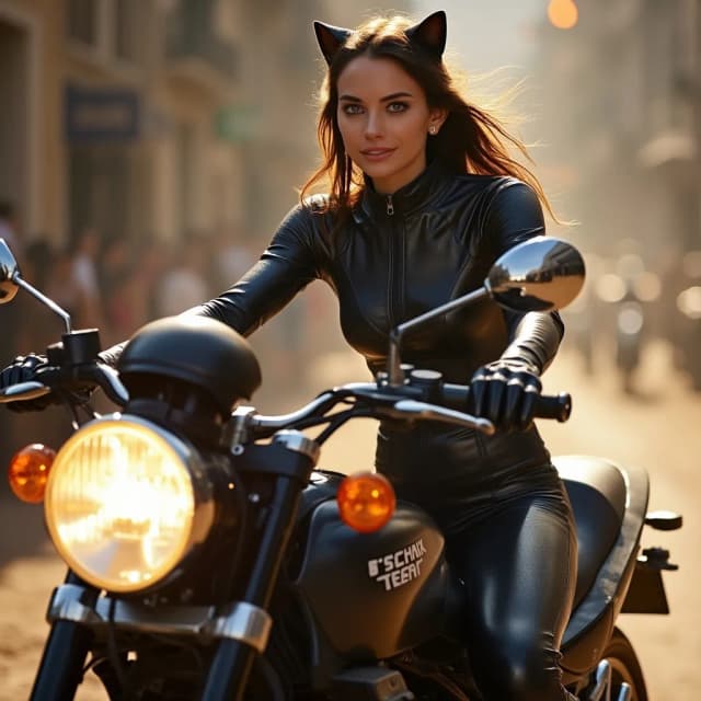 realistic Ana de armas wearing the cat costume that Anne hathaway used in Batman the dark Knight rises, riding ghost Rider bike and looking at me