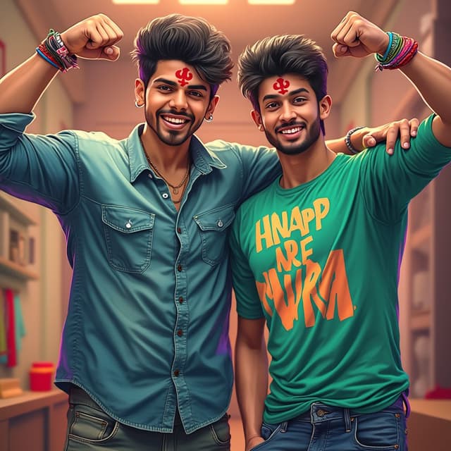 Here’s a prompt to generate a similar image in a "flux" art style:
---
Create an image of two young men standing side by side, both raising their fists in a celebratory pose. One wears a denim shirt, while the other sports a green T-shirt with bold, stylized text. Both have traditional red marks on their foreheads, symbolizing a cultural or festive occasion, and colorful wristbands. The background shows an indoor setting with subtle decorations. Render the image in a dynamic and flowing "flux" style, emphasizing vivid colors and smooth transitions to evoke energy and vibrancy in their expressions and surroundings.