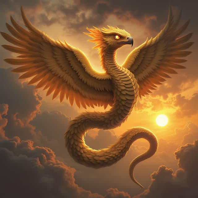 A mythical hybrid of an eagle and a serpent, called the 'Skyfang.' This creature has the body of a snake, covered in golden feathers that shimmer like sunlight, with massive eagle wings extending from its sides. Its head is an intricate blend of a serpent's sharp fangs and an eagle’s fierce beak, with glowing amber eyes that pierce through the skies. The Skyfang coils in mid-air, its powerful wings stirring up a whirlwind. The background is a fiery sunset with storm clouds swirling, symbolizing the union of air and earth into a strange and majestic being.