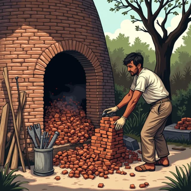 Illustrate a scene of burnt brick unloading or de-harking from a traditional brick kiln. The bricks should appear darkened or burnt, having just completed the firing process. Workers, equipped with basic tools such as gloves and metal hooks, should be in the process of unloading the still-hot bricks from the kiln. The bricks are being carefully removed from the kiln's base, and some are stacked in neat piles nearby. The scene should also include the remnants of burnt wood or fuel used for firing, scattered around the base of the kiln. Surround the setting with a rural landscape, with trees and simple tools visible, creating an atmosphere of manual labor in a traditional brick-making process