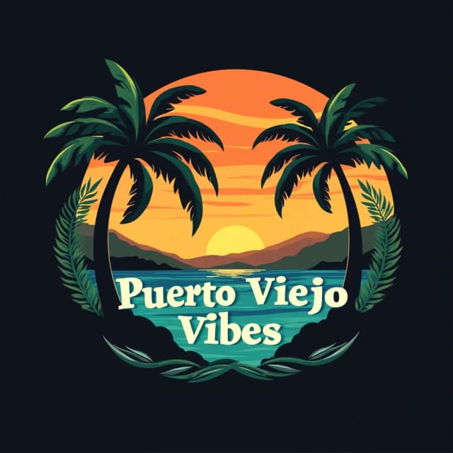 Create a modern and vibrant tropical logo that captures the essence of "Puerto Viejo Vibes" brand.
The design features a sunset over the ocean, with warm gradients of orange and yellow blending into the sky.
In the foreground, a silhouette of a gently curving palm tree frames the scene, adding depth.
Cool blues and teals form the ocean waves, while distant hills are shaded with lush, deep greens.
The typography should be clean, complementing the smooth curves of the landscape and natural elements. Use a black background to provide contrast and make the bright, tropical colors pop, evoking a lively beach atmosphere with an artistic touch.
The logotype words are: 'Puerto Viejo Vibes' in one single line, without any other text before, after, above or below.