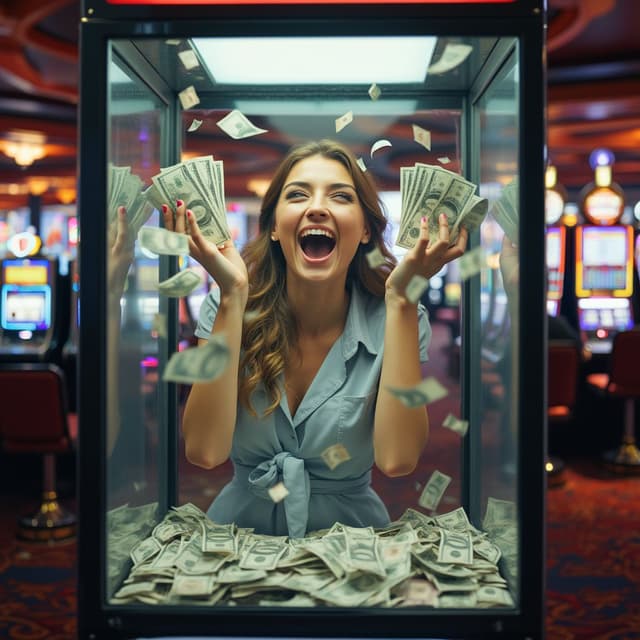 3/4 side view photo of -A stylish, fashionable young European woman looks ecstatic as she wins big while standing inside a human-sized transparent cash grab box. Banknotes swirl around her as she eagerly tries to collect as much cash as possible with both hands. In the background, a blurred casino scene reveals slot machines and a lively atmosphere.- camera used for photo CAMERA PROPERTIES: Aaton LTR, ARRI ALEXA 65, Bolex H16, RED Digital Cinema Camera, Canon EOS 5D, Fujifilm X-T4, Hasselblad X1D II, Lumix GH5, Pentax 645Z